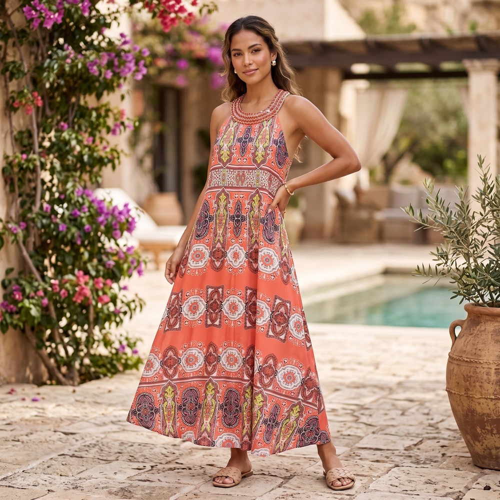 INC Maxi Dress Womens L Orange Paisley Beaded Halter Embellished Sleeveless Gown